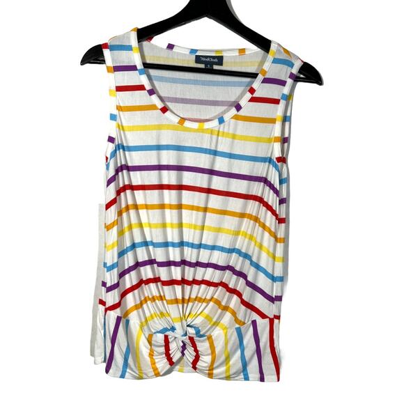 ModCloth Rainbow Striped Sleeveless Tank Top Front Knot Small White - Picture 1 of 6